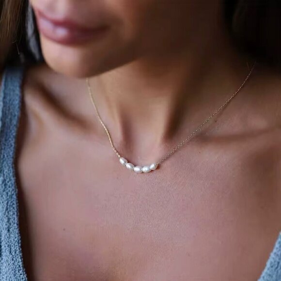 NEW Dainty Freshwater Pearl Chain Necklace 14K Gold Plated Choker Classic - Picture 7 of 8